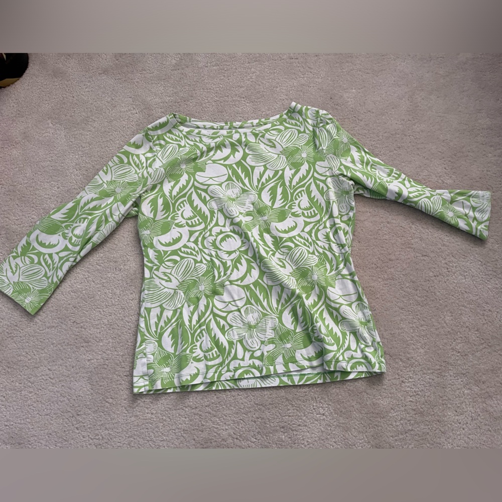 Talbots Green and White Leaf Print Top